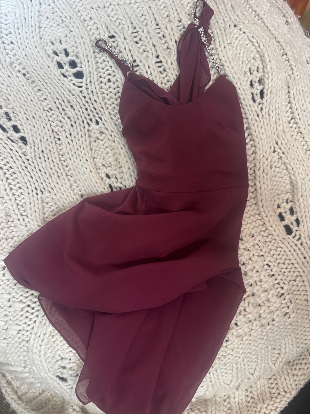 David's Bridal Burgundy High-Low Dress with Embellished Straps